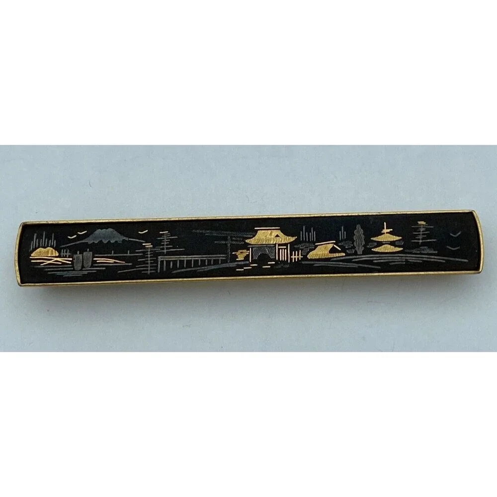 Vintage Amita Damascene Gold Tone Tie Bar Japan